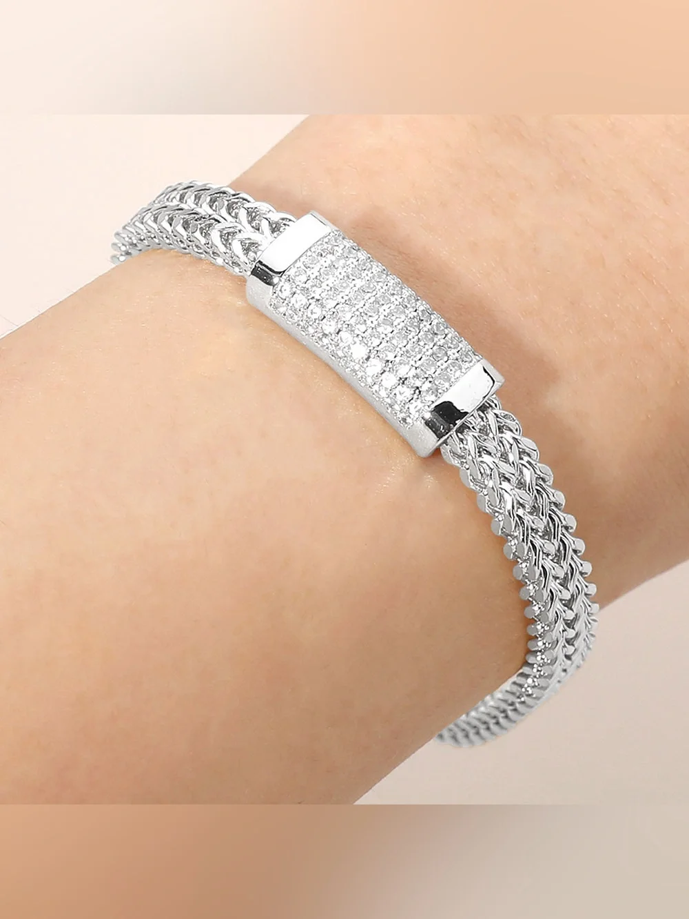 CZ Pave Bar Accent Textured Mesh Chain Magnetic Bracelet